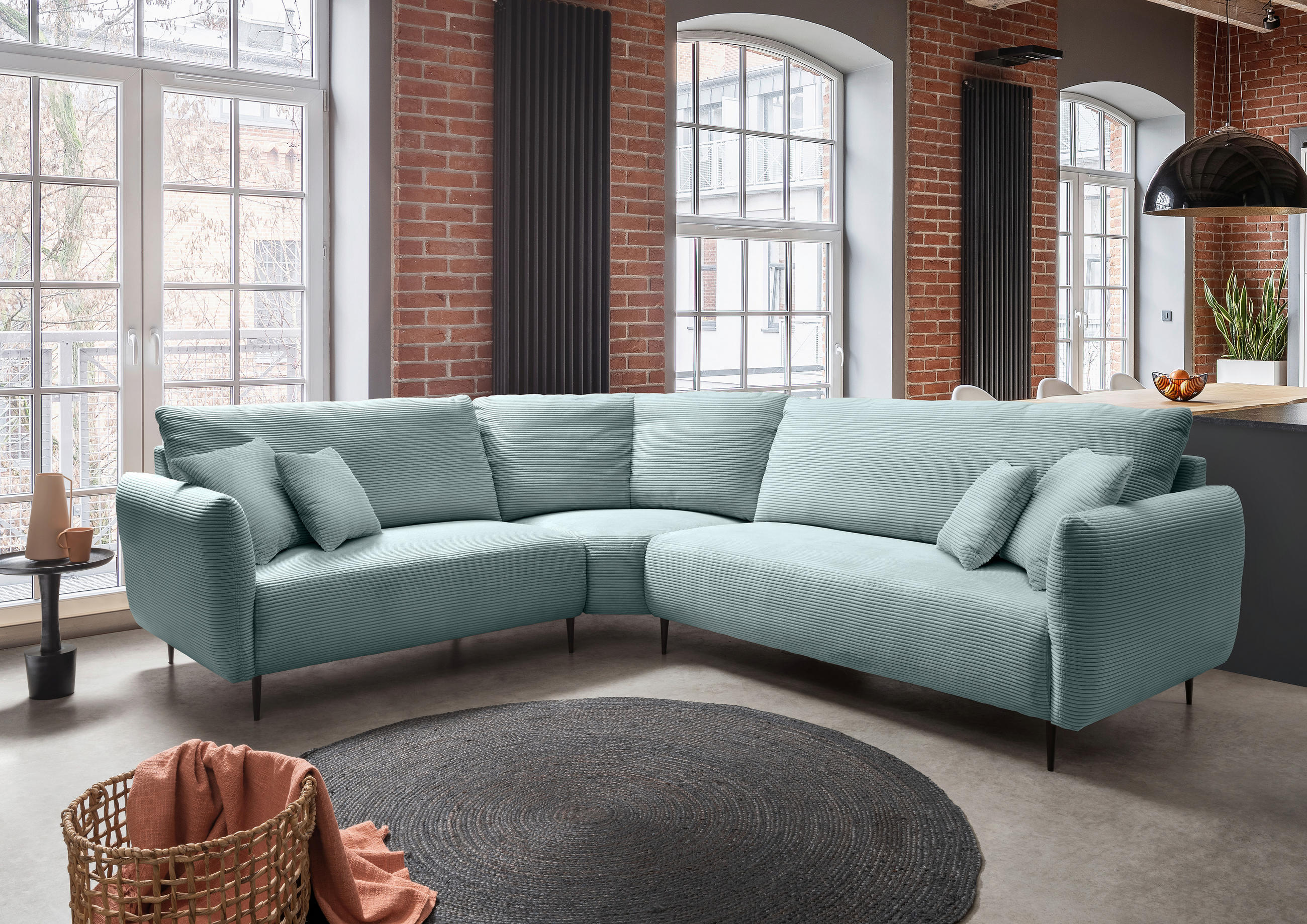 ECKSOFA in Cord Hellblau  - Schwarz/Hellblau, Design, Textil/Metall (256/294cm) - Livetastic