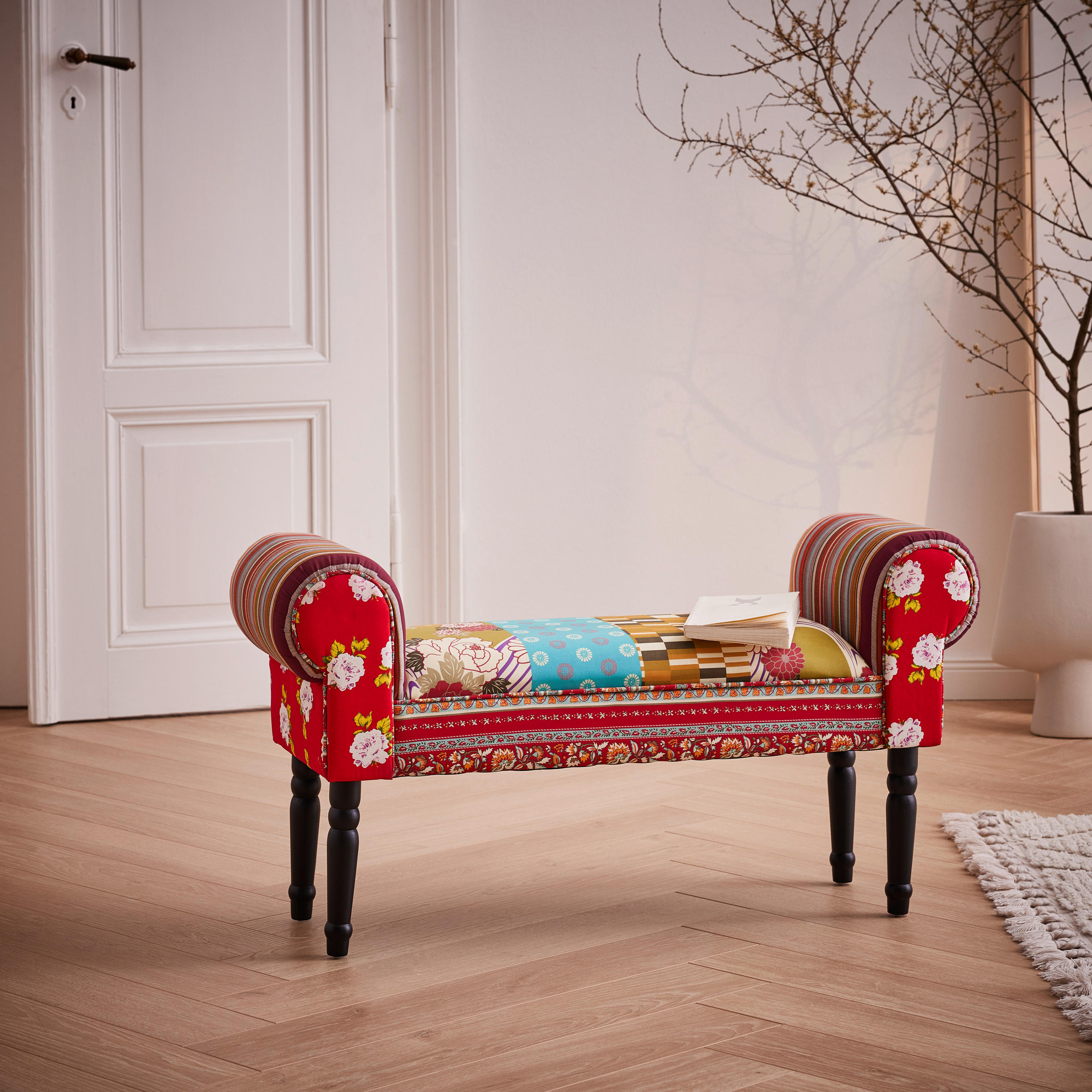 HOCKER Samt Kiefer Blau, Grün, Multicolor, Rot, Schwarz, Weiß - Blau/Rot, Trend, Holz/Textil (100/54/30cm) - Xora