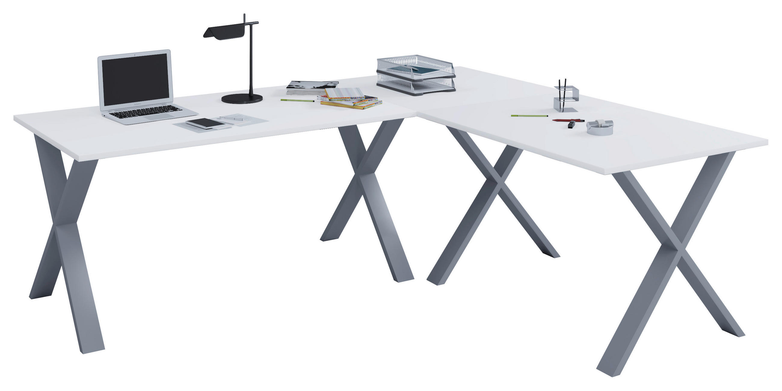 ECKSCHREIBTISCH 160/50/76 cm  in Silberfarben, Weiss  - Weiss/Silberfarben, Modern, Holzwerkstoff/Metall (160/50/76cm) - MID.YOU