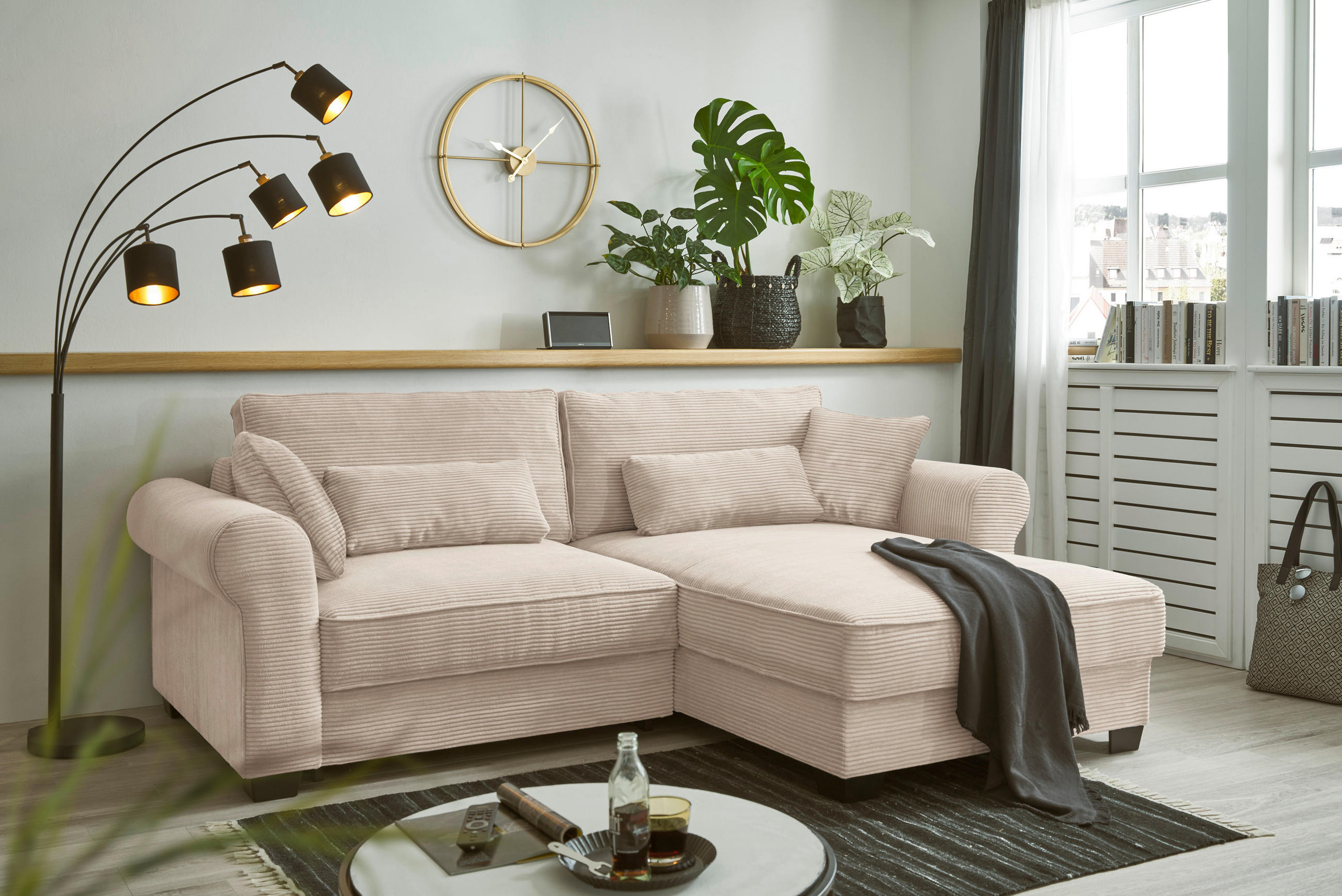 ECKSOFA in Cord Creme  - Creme/Schwarz, Basics, Kunststoff/Textil (255/92/185cm) - MID.YOU