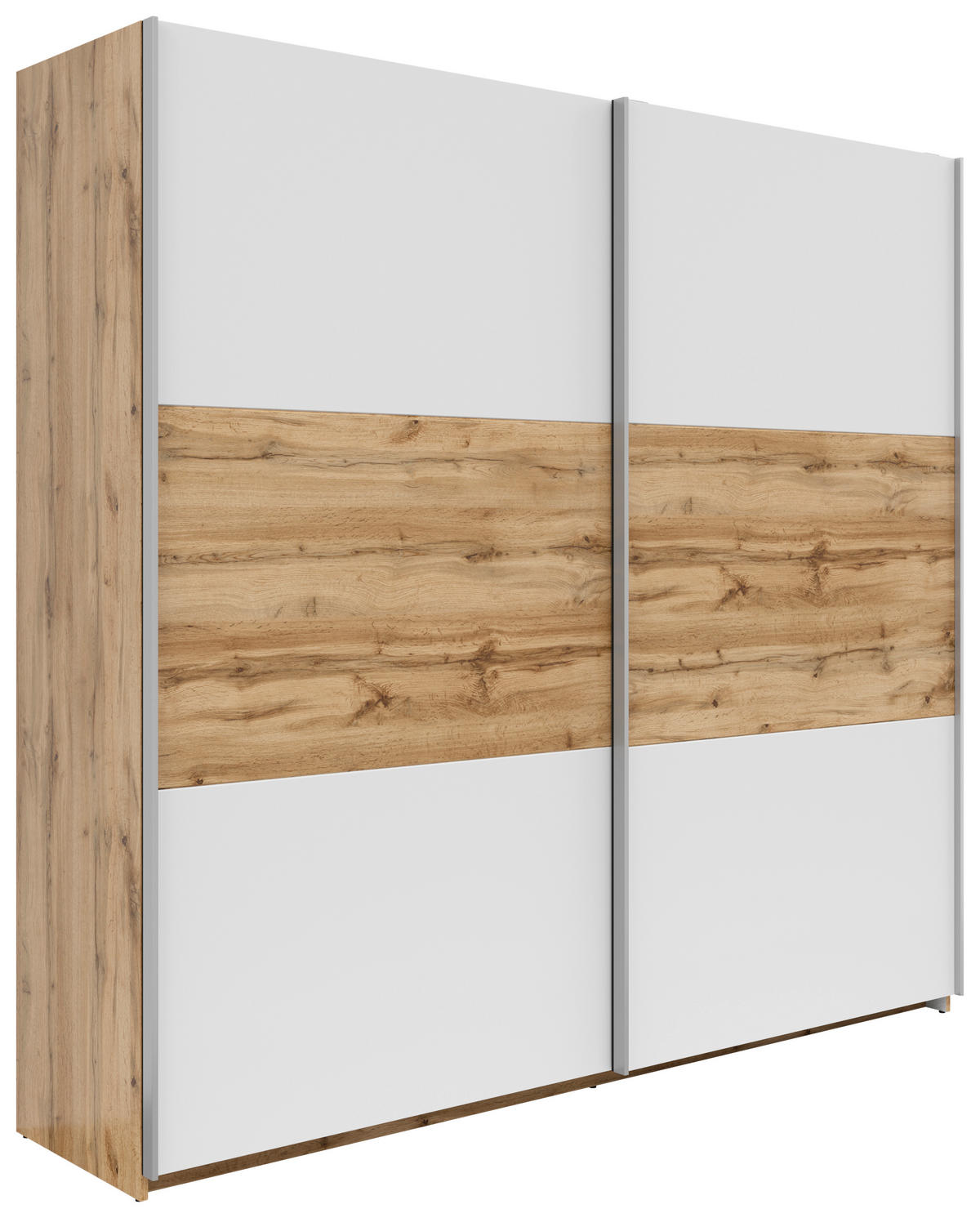 SCHWEBETÜRENSCHRANK 218/210/59 cm 2-türig Weiß, Eiche Wotan  - Silberfarben/Eiche Wotan, KONVENTIONELL, Holzwerkstoff/Metall (218/210/59cm) - Boxxx