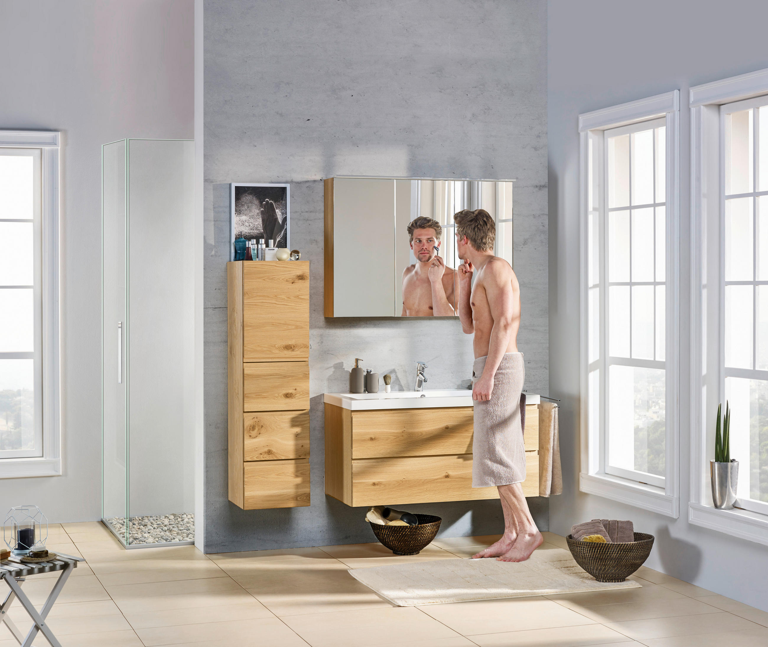 WASCHTISCHKOMBI 106 cm  - Eichefarben/Weiß Hochglanz, MODERN, Holz/Holzwerkstoff (106cm) - Novel