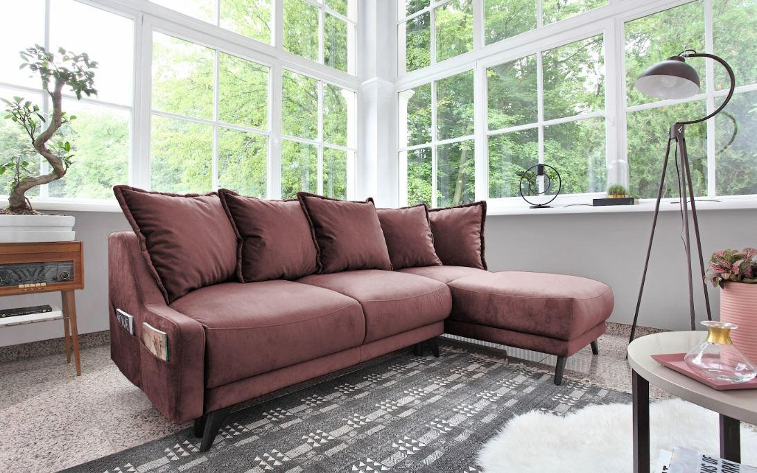 ECKSCHLAFSOFA Koralle Velours - Koralle/Altrosa, Basics, Holz/Textil (225/80/90/155cm) - MID.YOU