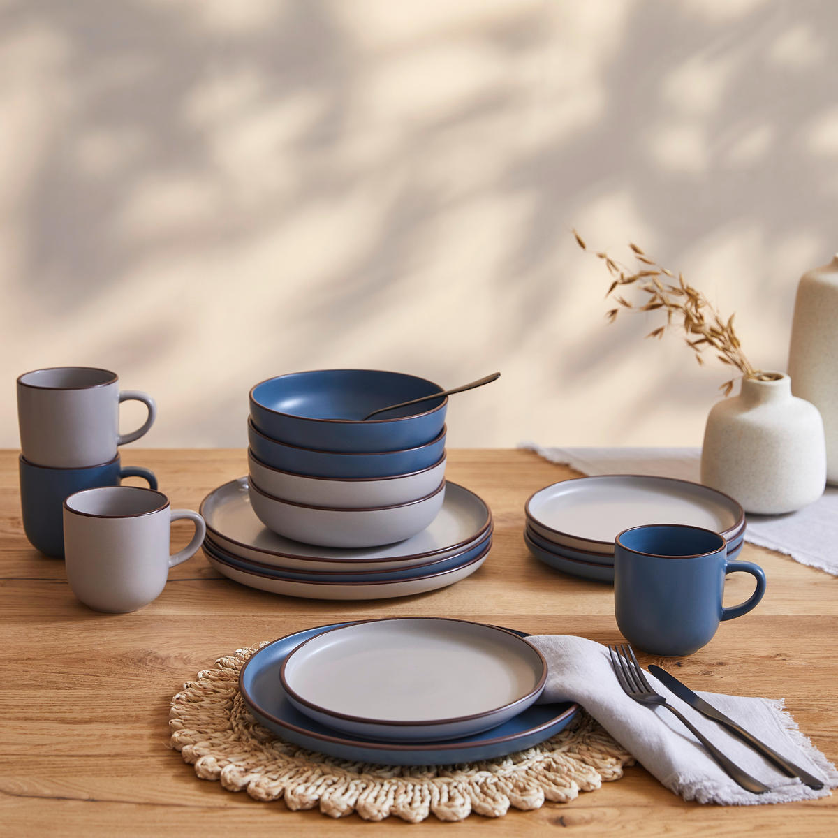 KOMBINOVANÝ SERVIS, 16-dielne, kamenina - modrá/béžová, Basics, keramika (29,5/28,5/28cm) - Creatable