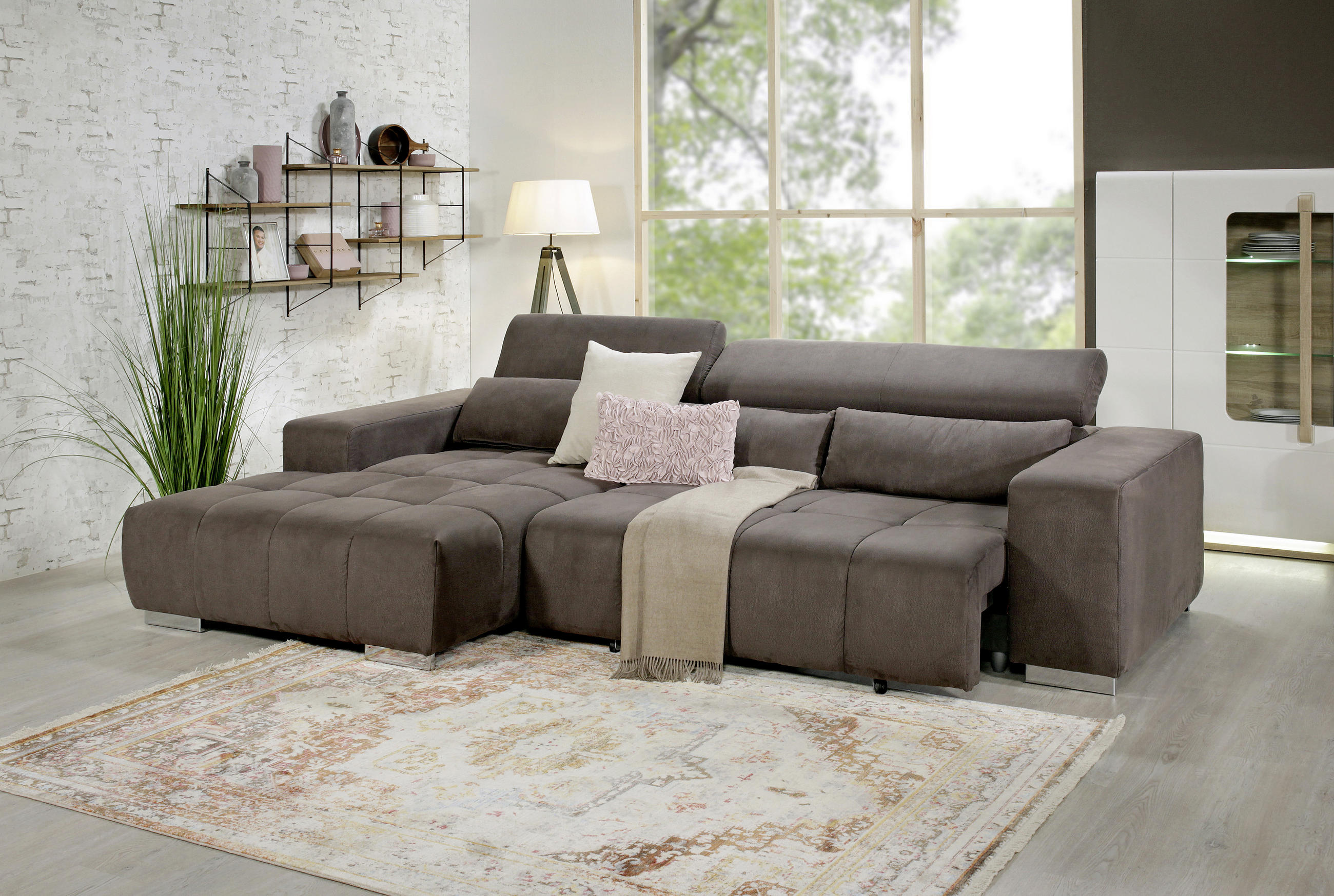 ECKSOFA in Mikrofaser Graubraun  - Graubraun/Silberfarben, Konventionell, Textil/Metall (186/307cm) - Livetastic
