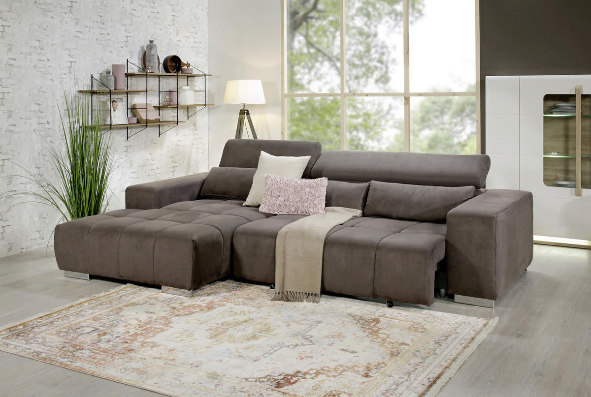 ECKSOFA in Mikrofaser Graubraun  - Graubraun/Silberfarben, Konventionell, Textil/Metall (186/307cm) - Livetastic