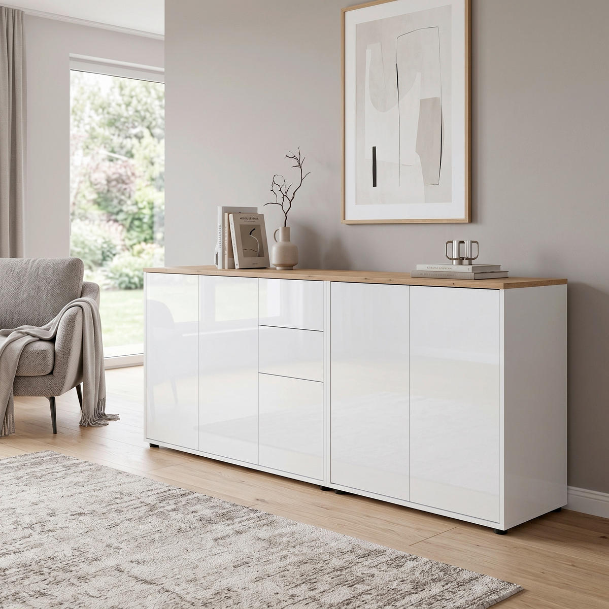SIDEBOARD   - Weiß Hochglanz/Schwarz, MODERN, Holzwerkstoff/Kunststoff (184,5/73/33cm) - MID.YOU