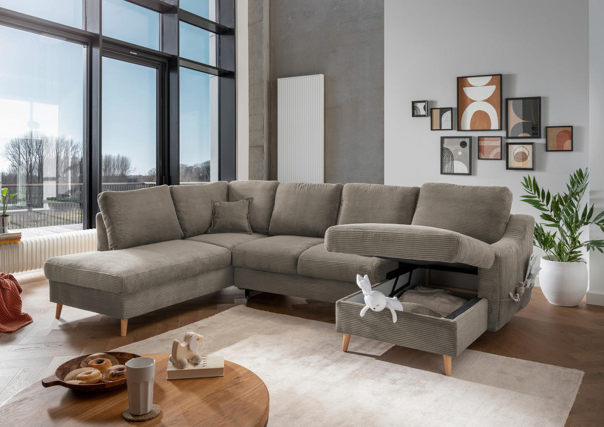WOHNLANDSCHAFT in Cord Graubraun  - Graubraun/Naturfarben, Konventionell, Holz/Textil (200/301/150cm) - P & B