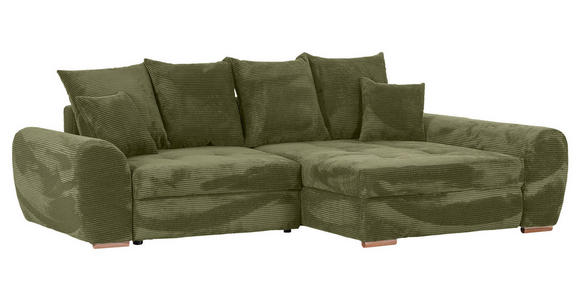 ECKSOFA Olivgrün Cord Zierkissen, Rückenkissen, Bettkasten, Schlaffunktion, Rücken echt  - Eichefarben/Olivgrün, KONVENTIONELL, Holz/Textil (276/177cm) - Carryhome