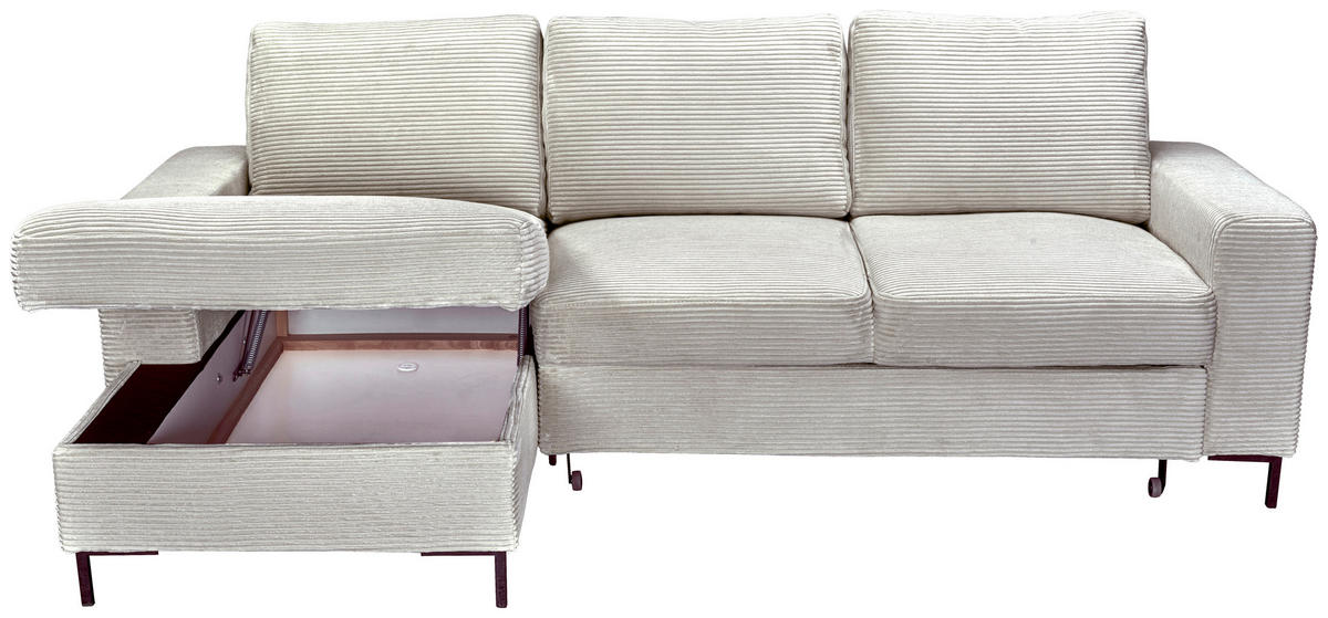 ECKSOFA Naturfarben Cord Rückenkissen, Bettkasten, Schlaffunktion, Rücken echt, Liegefläche im Originalstoff  - Schwarz/Naturfarben, KONVENTIONELL, Textil/Metall (150/240cm) - Carryhome