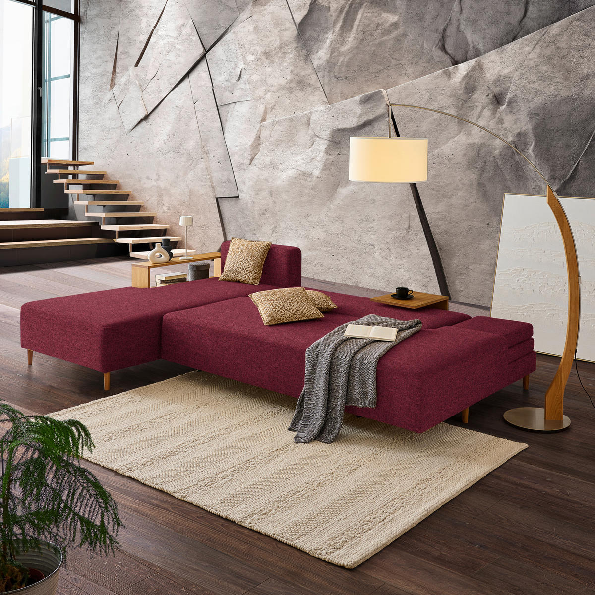 ECKSOFA in Flachgewebe Rot  - Eichefarben/Rot, Design, Holz/Textil (190/307cm) - Joka