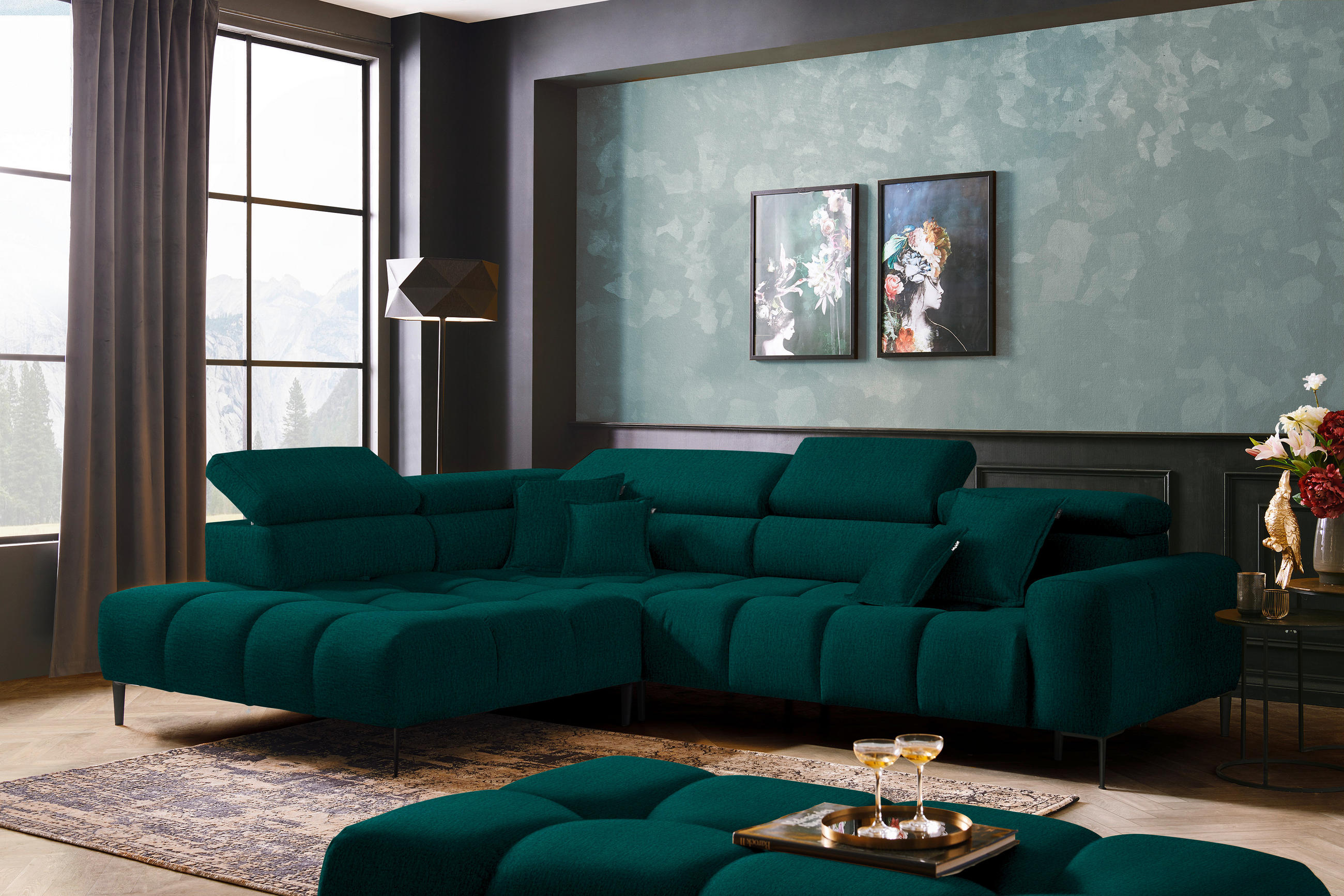 ECKSOFA in Samt, Webstoff Dunkelgrün  - Dunkelgrün/Schwarz, Design, Textil/Metall (216/300cm) - Welnova