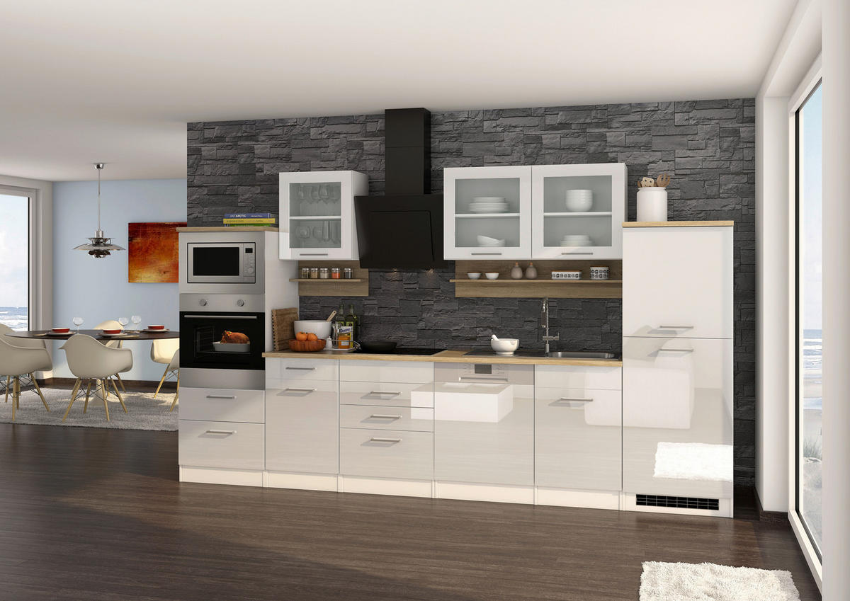 KÜCHENBLOCK 340 cm   Weiss Hochglanz  - Weiss Hochglanz/Weiss, Modern, Glas/Holzwerkstoff (340cm) - Held