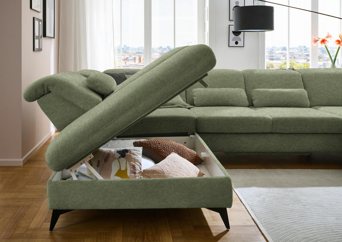 WOHNLANDSCHAFT Chenille Olivgrün  - Schwarz/Olivgrün, Design, Textil/Metall (255/369/198cm) - Beldomo Style