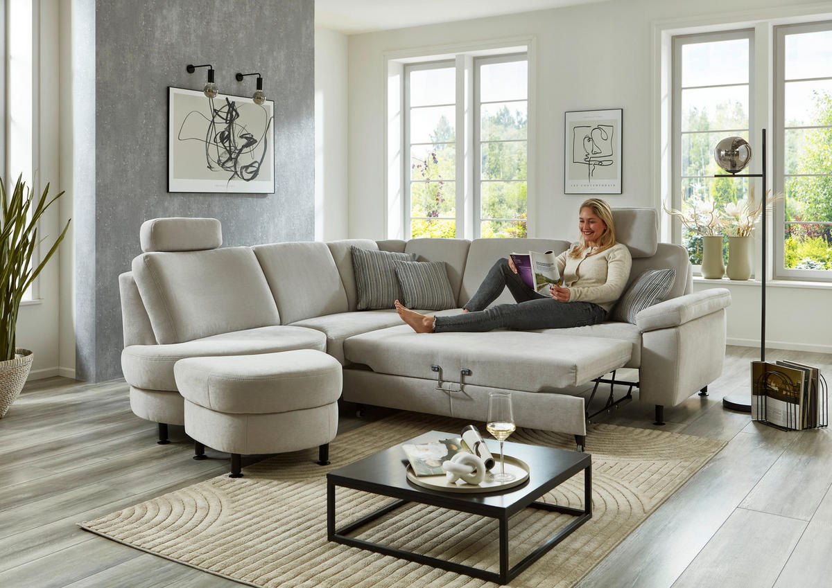 ECKSOFA in Flachgewebe Hellgrau  - Hellgrau/Schwarz, Konventionell, Textil/Metall (252/248cm) - Beldomo Comfort