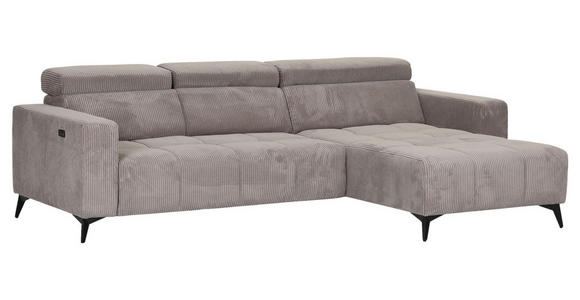ECKSOFA Taupe Cord Rücken echt, Kopfteilverstellung, Sitzvorzug  - Taupe/Schwarz, KONVENTIONELL, Textil/Metall (257/170cm) - Carryhome