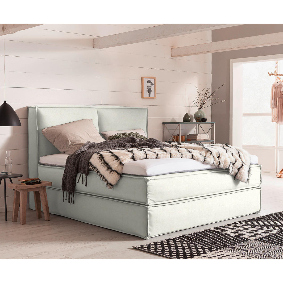 BOXSPRINGBETT 200/200 cm,  in Creme, Matratze, Topper, H2 + H3 = mittel + fest  - Creme/Schwarz, Design, Textil (200/200cm) - home24