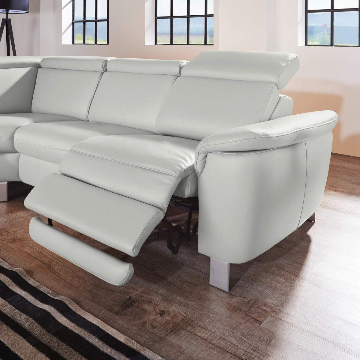 ECKSOFA in Echtleder Hellgrau  - Hellgrau/Alufarben, Design, Leder/Metall (239/271cm) - Cantus