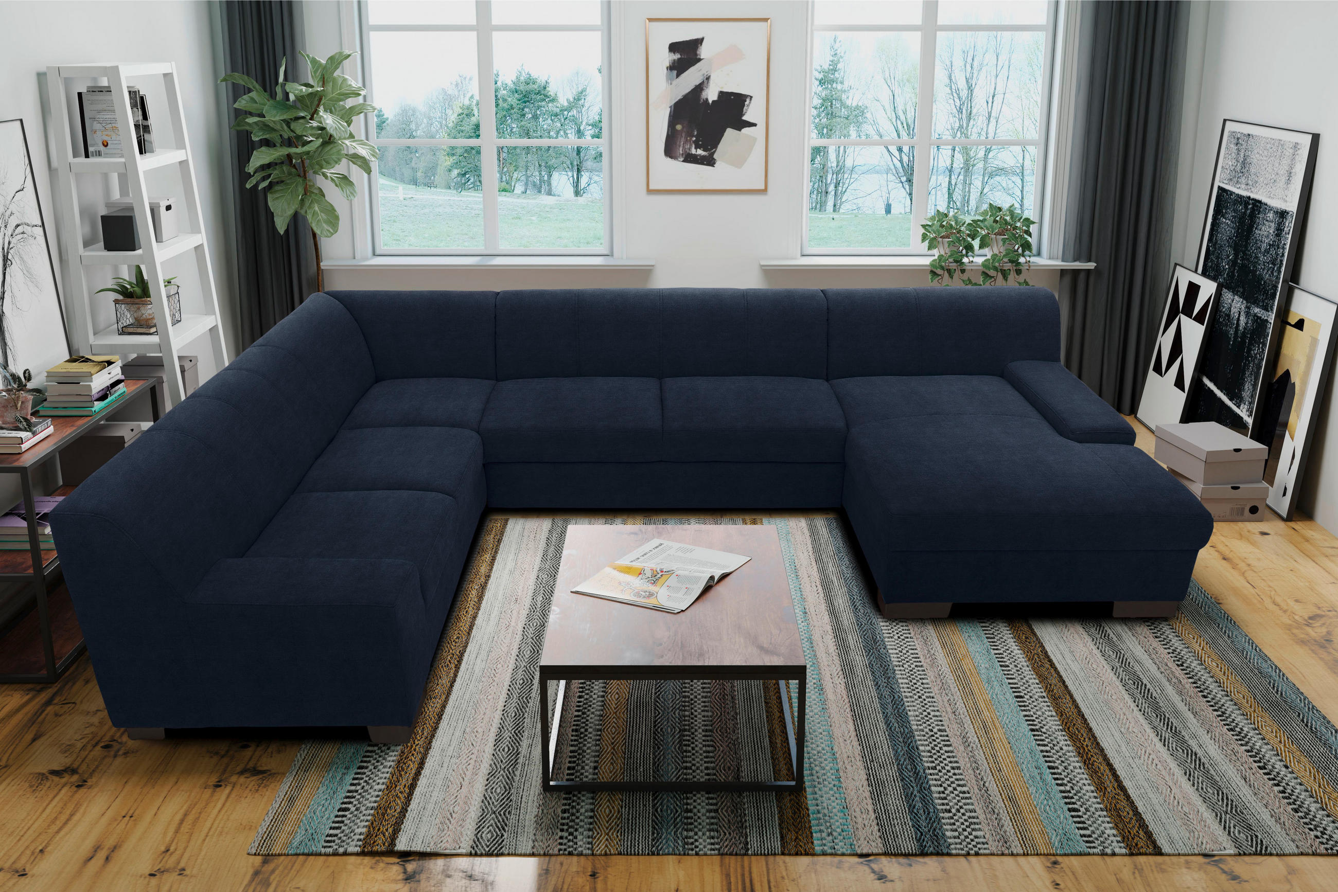 WOHNLANDSCHAFT Blau Webstoff  - Wengefarben/Blau, Design, Holz/Textil (212/328/153cm) - MID.YOU
