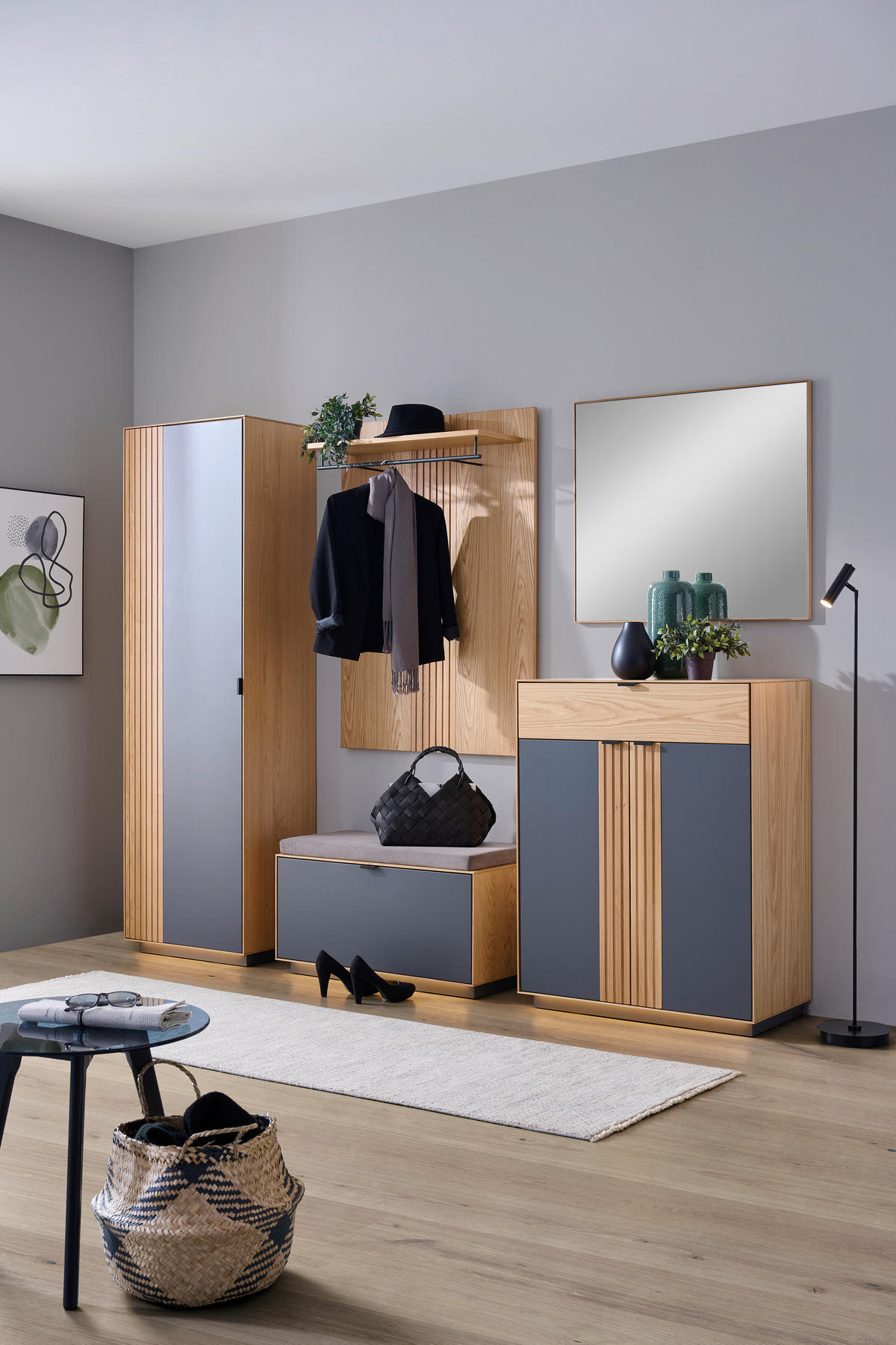 GARDEROBE 6-teilig  in 250/200/42 cm  - Eichefarben/Grau, Natur, Holz/Holzwerkstoff (250/200/42cm) - Linea Natura