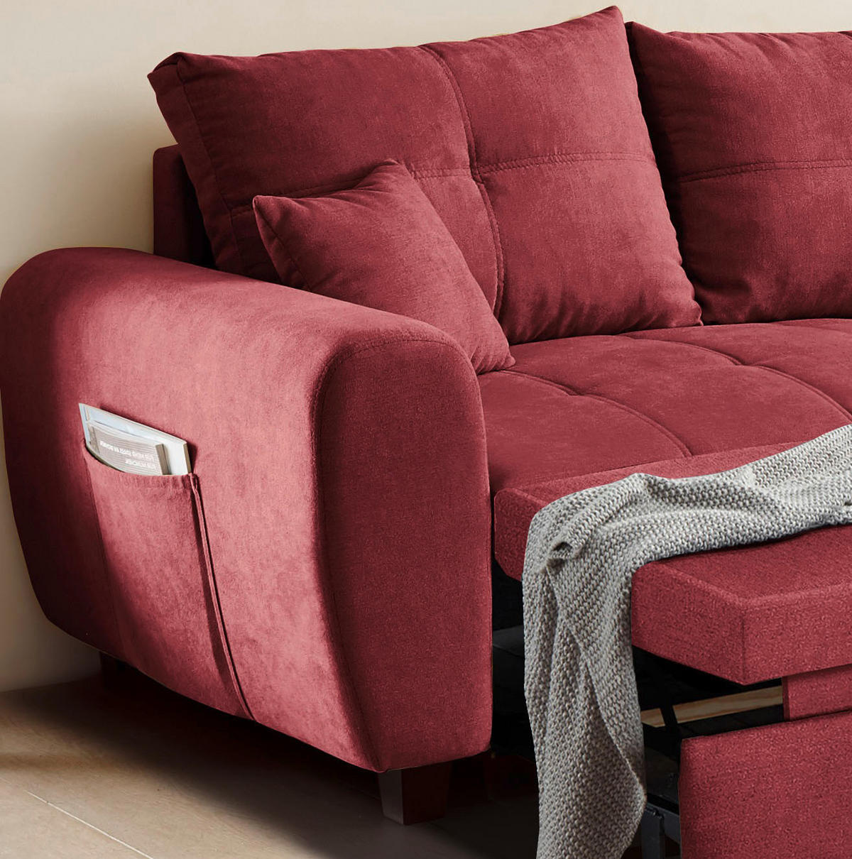 ECKSOFA in Mikrovelours Beere  - Beere/Schwarz, Basics, Holzwerkstoff/Kunststoff (248/176cm) - MID.YOU