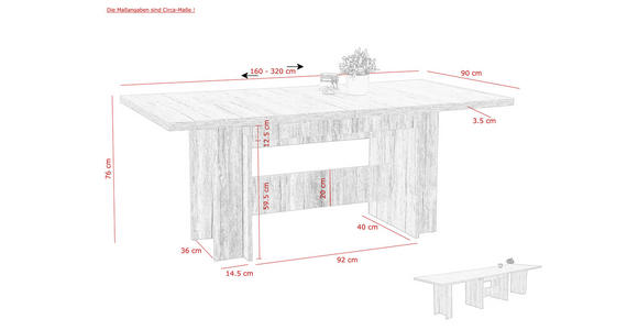 ESSTISCH 160-320/90/76 cm Holzwerkstoff Eichefarben rechteckig  - Eichefarben, Basics, Holzwerkstoff (160-320/90/76cm) - Carryhome