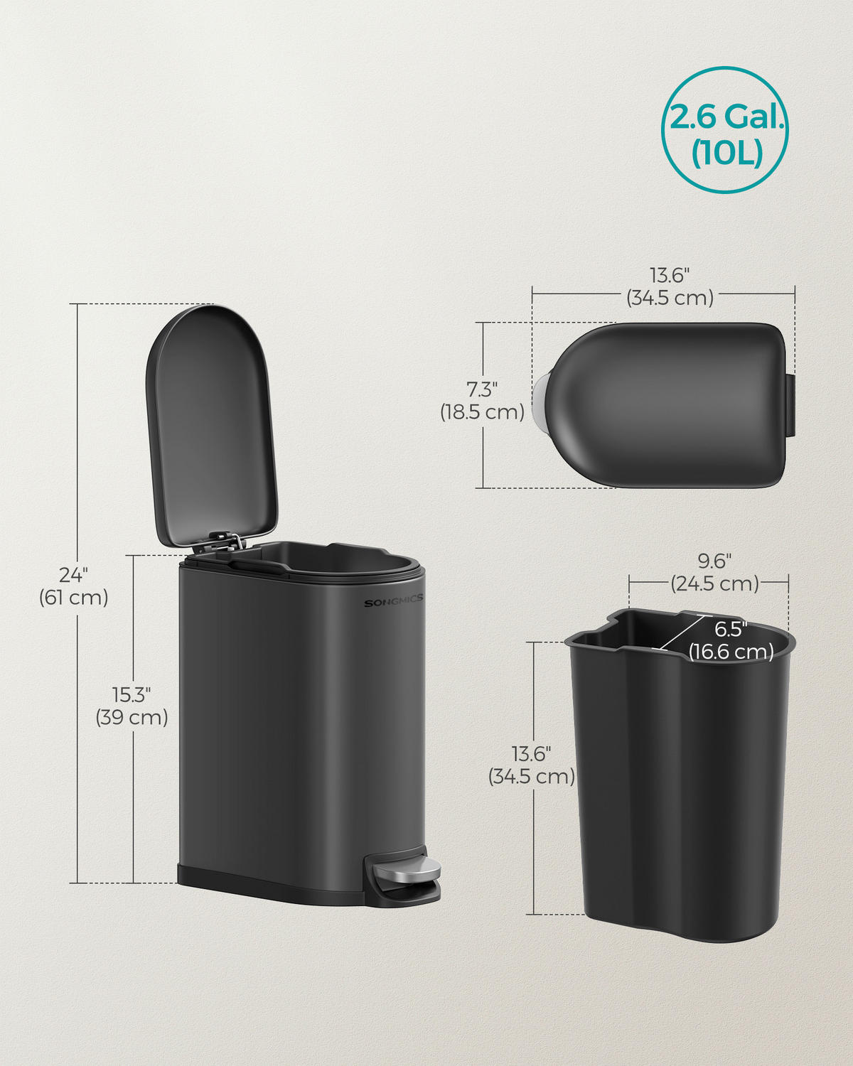 ABFALLSAMMLER 10 L  - Schwarz, Basics, Kunststoff/Metall (18,5/39/34,5cm)