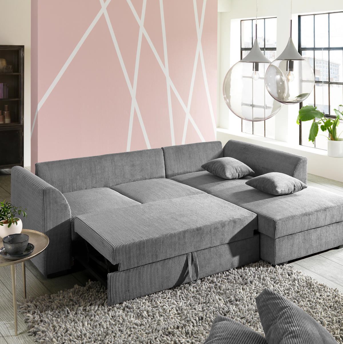 ECKSOFA in Cord Hellgrau  - Hellgrau/Schwarz, Design, Kunststoff/Textil (259/174cm) - Cantus