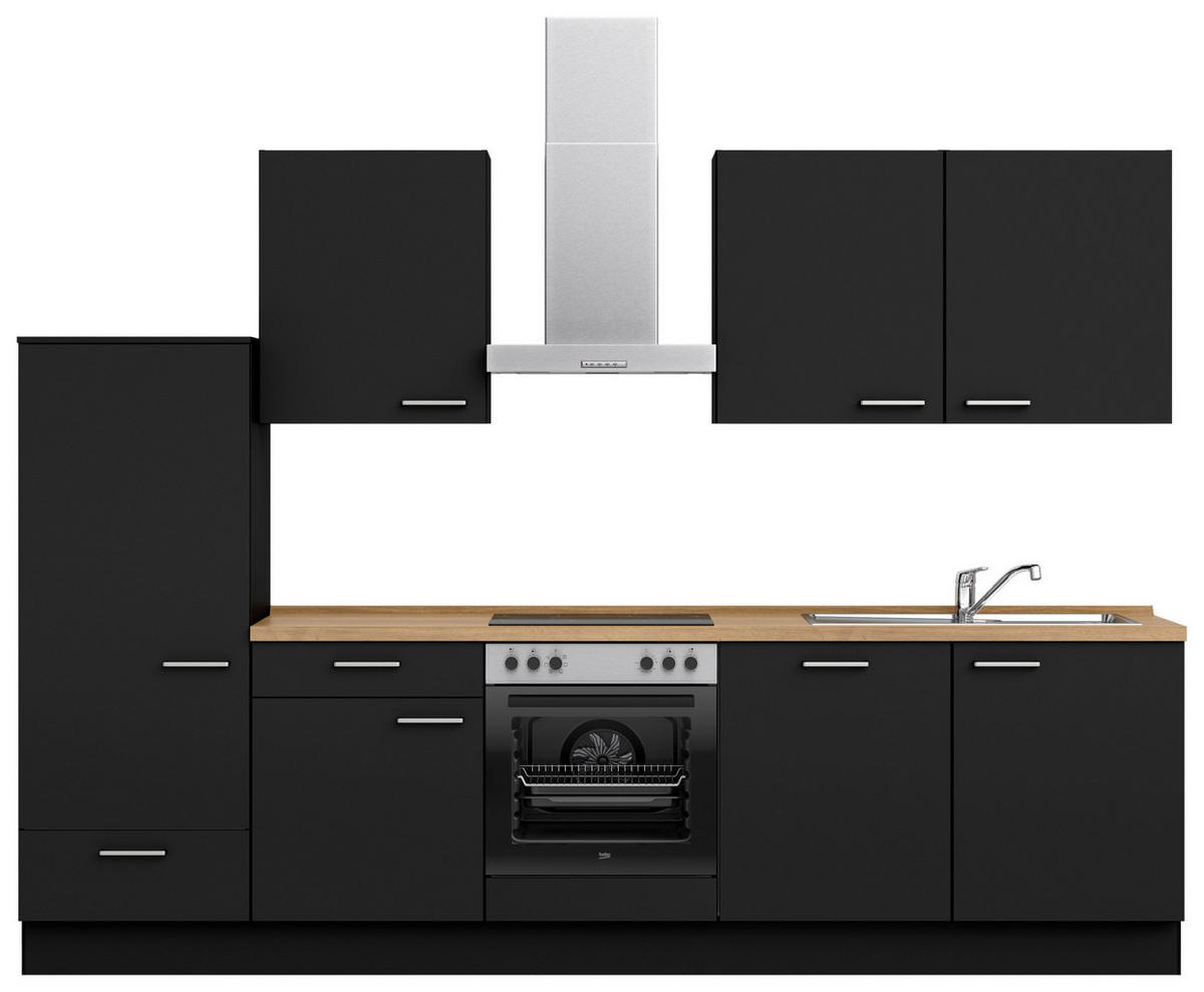 KÜCHENLEERBLOCK 300 cm   in Schwarz, Eichefarben  - Edelstahlfarben/Eichefarben, MODERN, Holzwerkstoff/Metall (300cm) - Nobilia