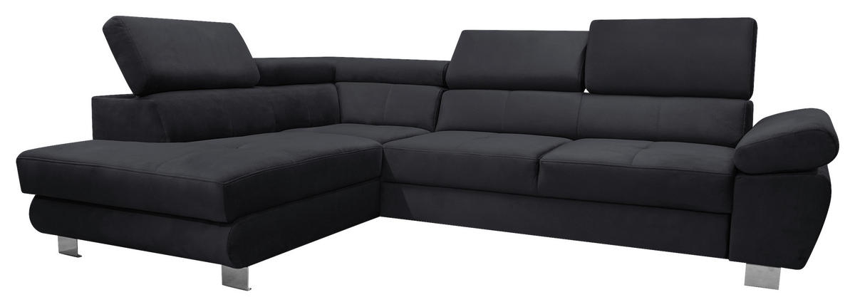 ECKSOFA Schwarz Webstoff Bettkasten, Schlaffunktion, Rücken echt, Armteilverstellung, Kopfteilverstellung  - Chromfarben/Schwarz, MODERN, Textil/Metall (205/278cm) - Stylife