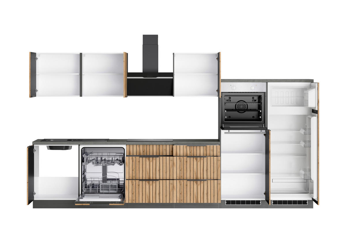 KÜCHENBLOCK 360 cm   in Graphitfarben, Eiche Wotan  - Schieferfarben/Eiche Wotan, Basics, Holzwerkstoff/Metall (360cm) - Held