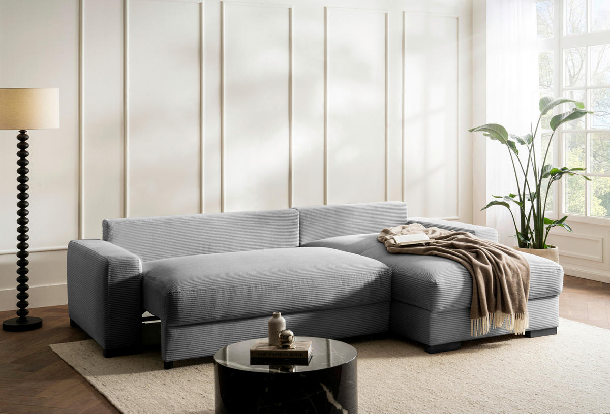 ECKSOFA in Cord Hellgrau  - Hellgrau/Schwarz, Design, Holz/Textil (264/184cm) - Stylife