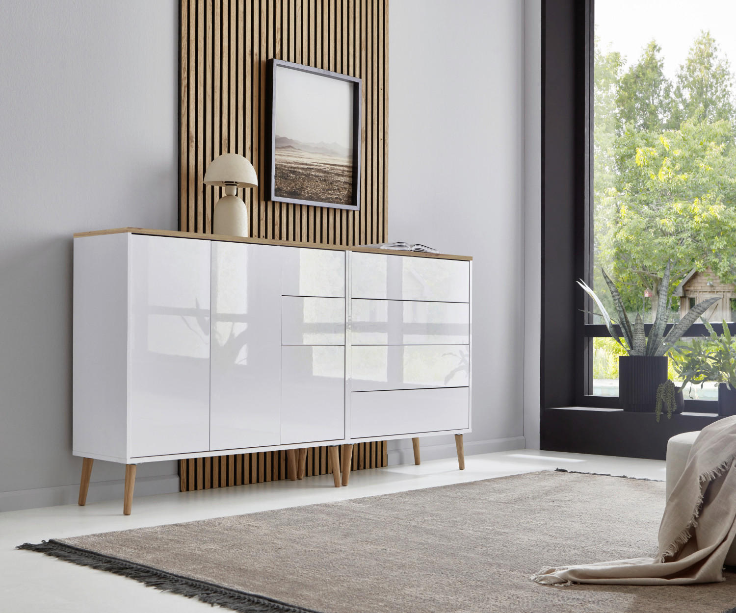 SIDEBOARD Mailand Set 9 + HF  in 184,5/86/33 cm  - Weiß Hochglanz/Eiche Artisan, MODERN, Holz/Holzwerkstoff (184,5/86/33cm) - MID.YOU
