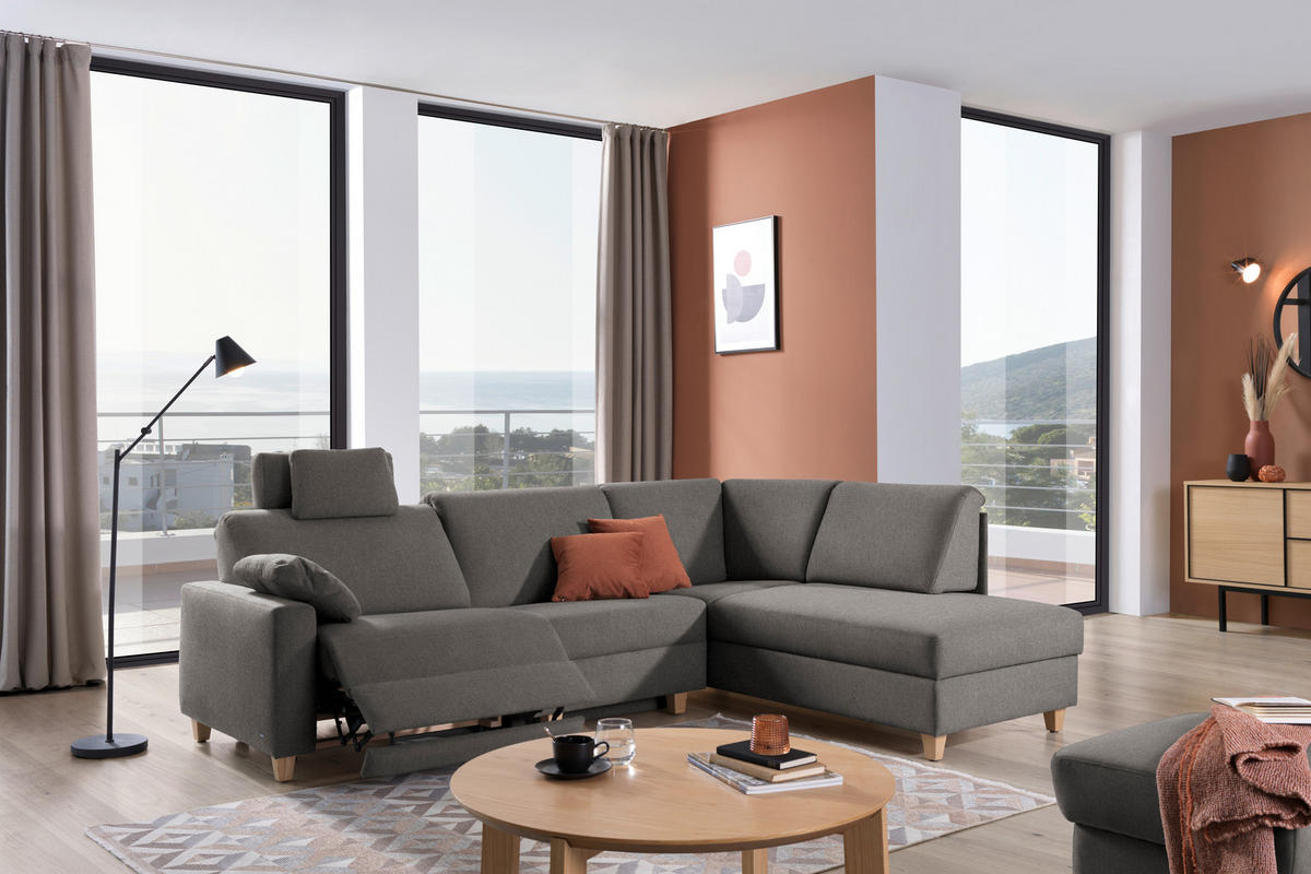 ECKSOFA in Flachgewebe Schlammfarben  261/203 cm  - Schlammfarben/Eichefarben, KONVENTIONELL, Holz/Textil (261/203cm) - Sedda