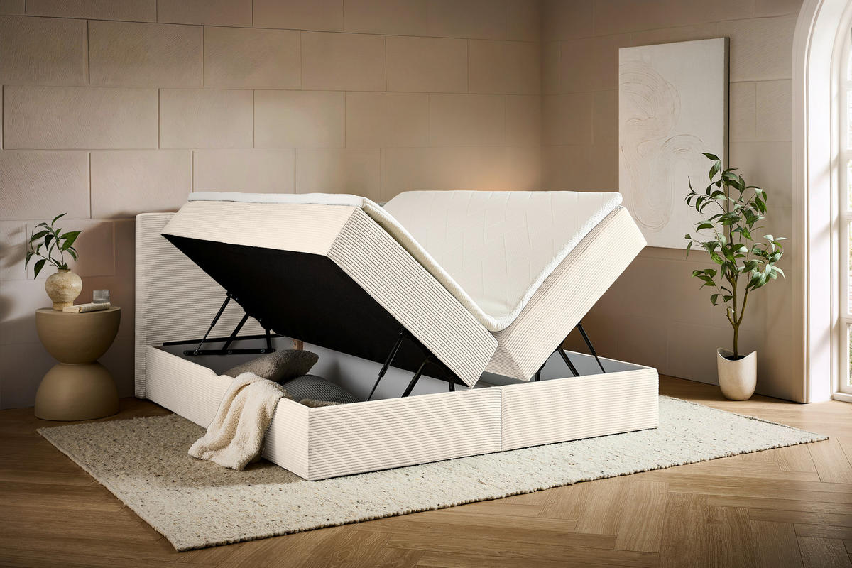 BOXBETT 180/200 cm,  in Beige, Kissen, Bettkasten, Topper, H3 + H3 = fest  - Beige/Schwarz, Design, Kunststoff/Textil (180/200cm) - Chameo