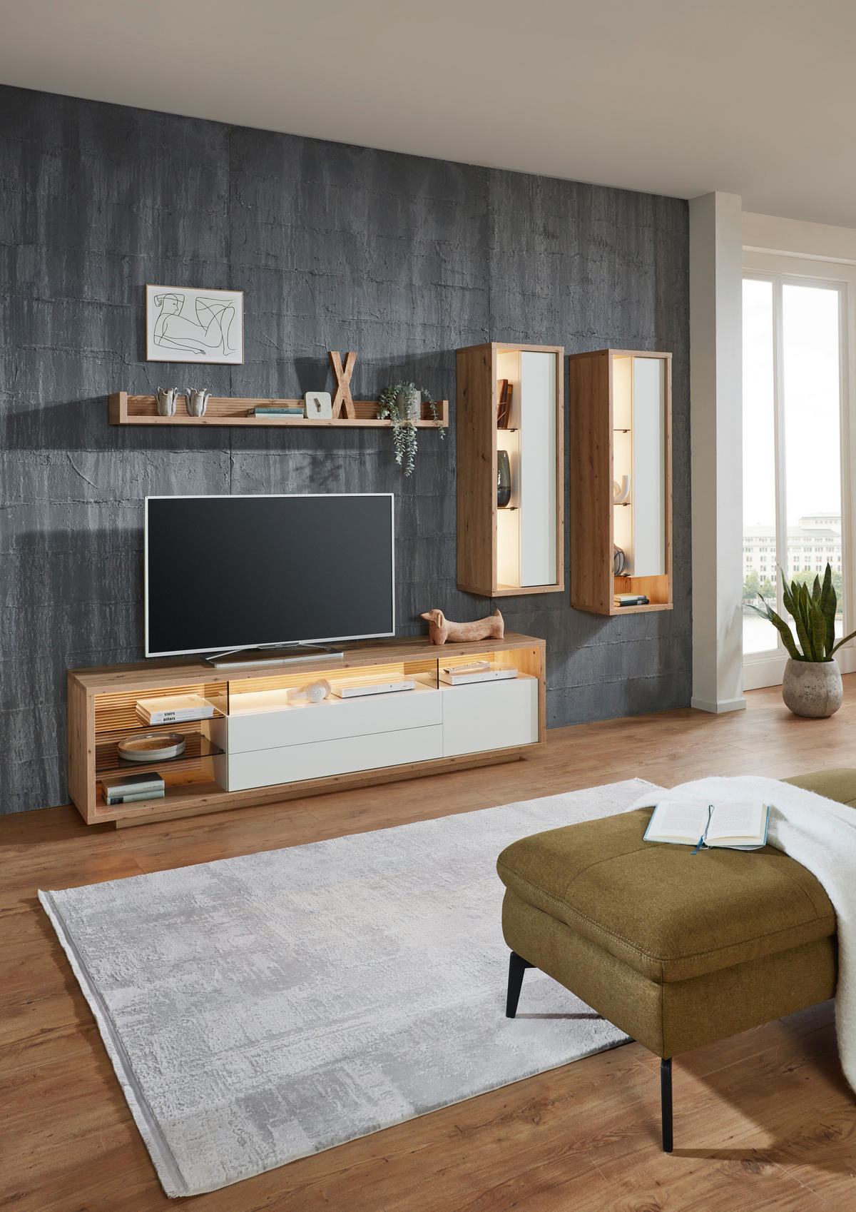 WOHNWAND  in Weiss, Eiche Artisan 300/183,6/42 cm  - Weiss/Eiche Artisan, Design, Glas/Holzwerkstoff (300/183,6/42cm) - Stylife