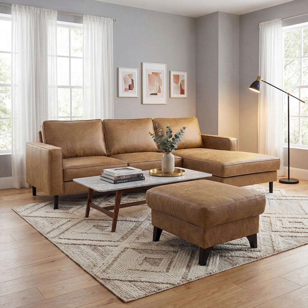 HOCKER in Textil, Leder Beige  - Beige, Design, Leder/Textil (70/48/60cm) - Livetastic