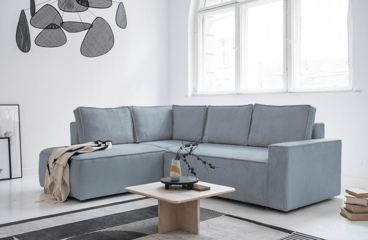 ECKSOFA in Cord Hellgrau  - Hellgrau/Schwarz, Design, Kunststoff/Textil (194/247cm) - MID.YOU