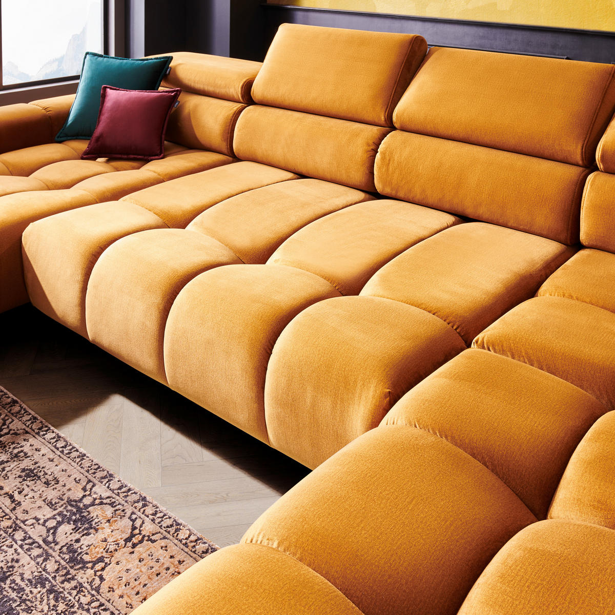 ECKSOFA in Webstoff Currygelb  - Currygelb/Schwarz, Design, Textil/Metall (177/385/216cm) - Welnova
