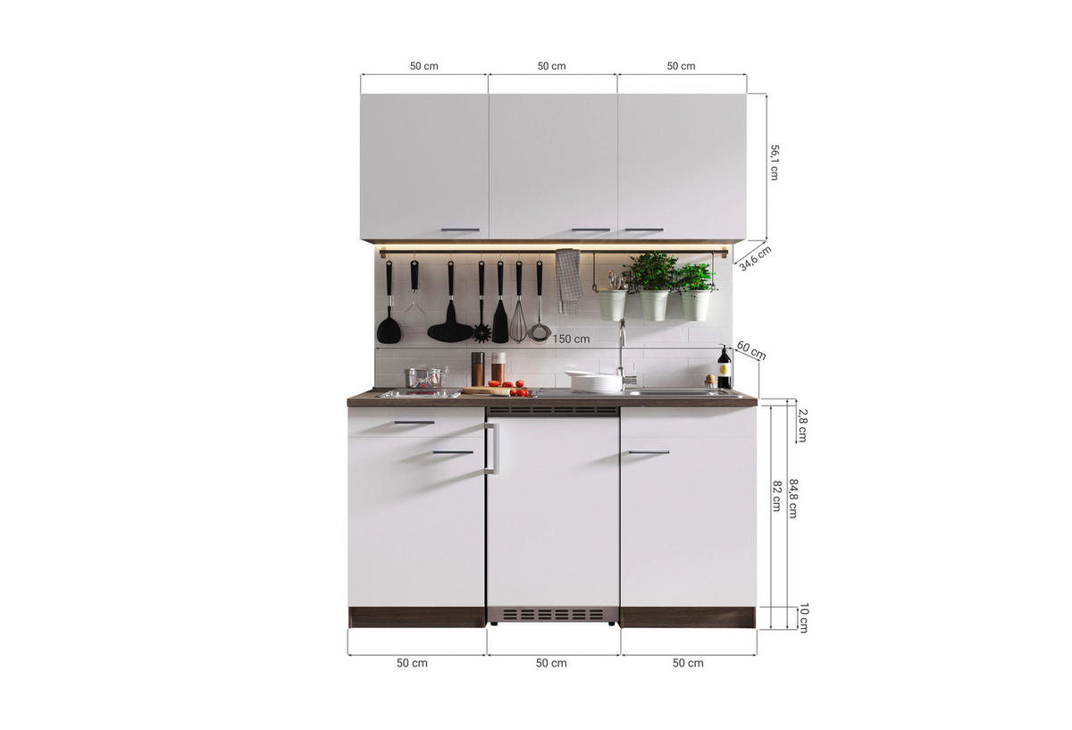 MINIKÜCHE 150 cm   in Grau  - Eichefarben/Alufarben, Basics, Holzwerkstoff/Kunststoff (150cm) - Respekta