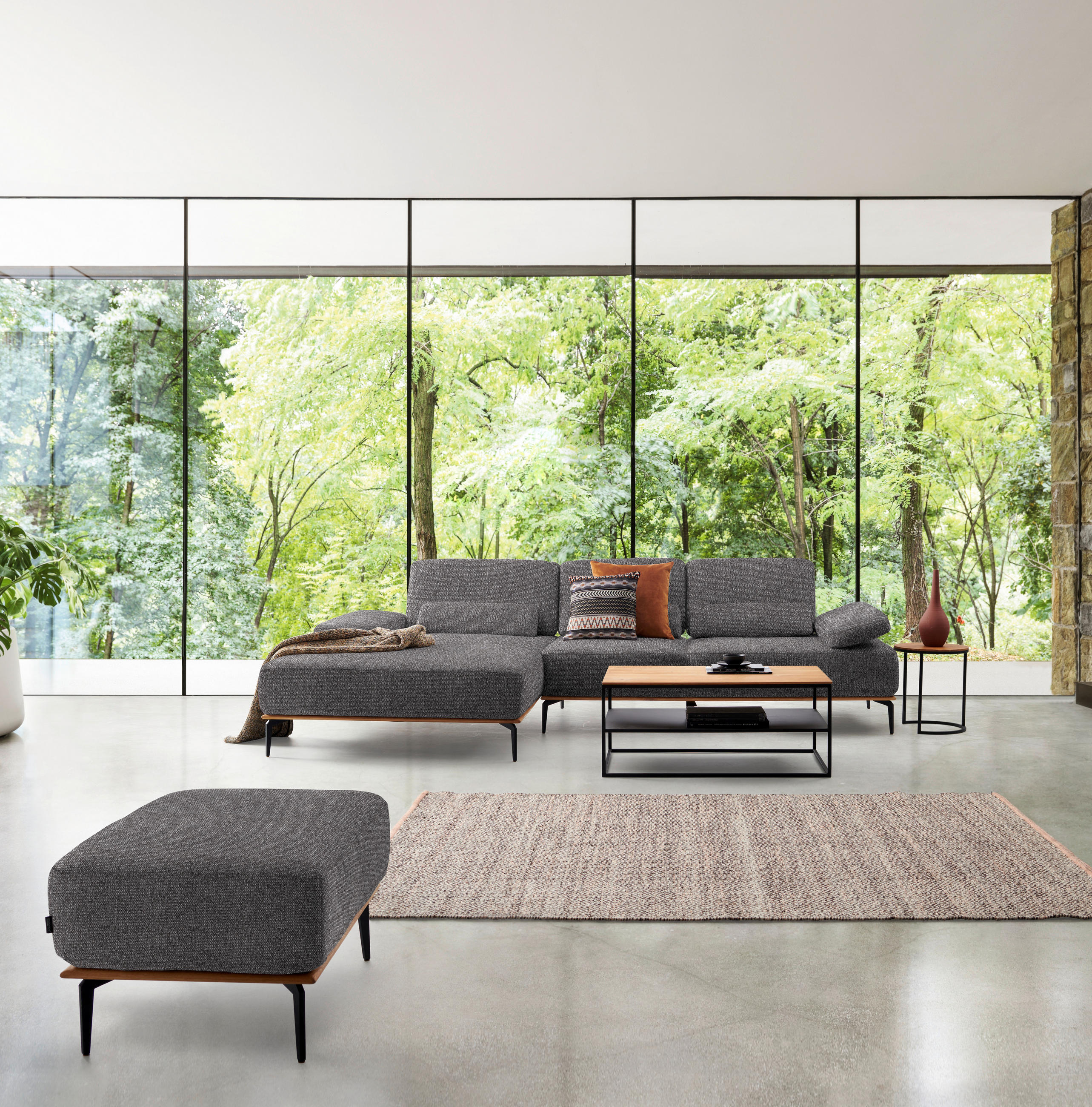 ECKSOFA in Flachgewebe Grau  - Schwarz/Grau, Natur, Holz/Textil (176/314cm) - Valnatura