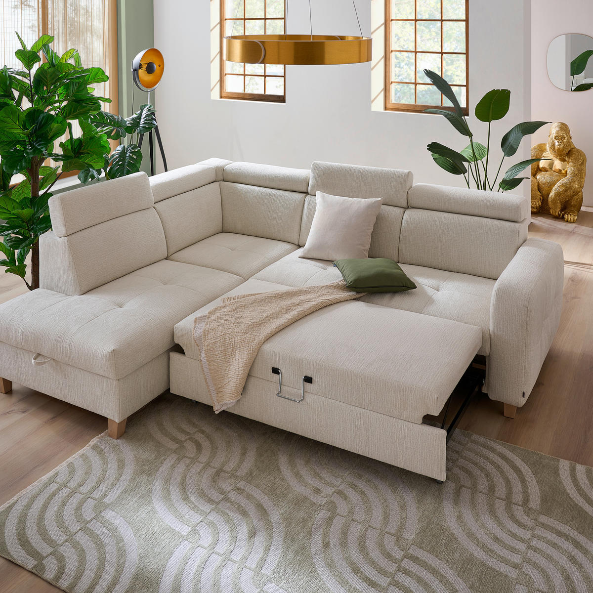 ECKSOFA in Samt Weiß  - Weiß, Natur, Holz/Textil (206/261cm) - Venda
