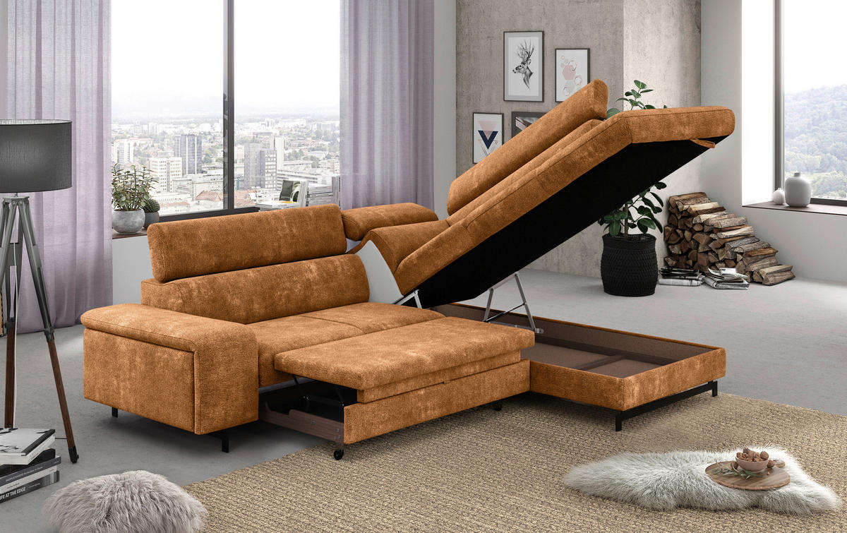 ECKSOFA Cognac Chenille  - Cognac/Schwarz, Textil/Metall (262/215cm) - MID.YOU