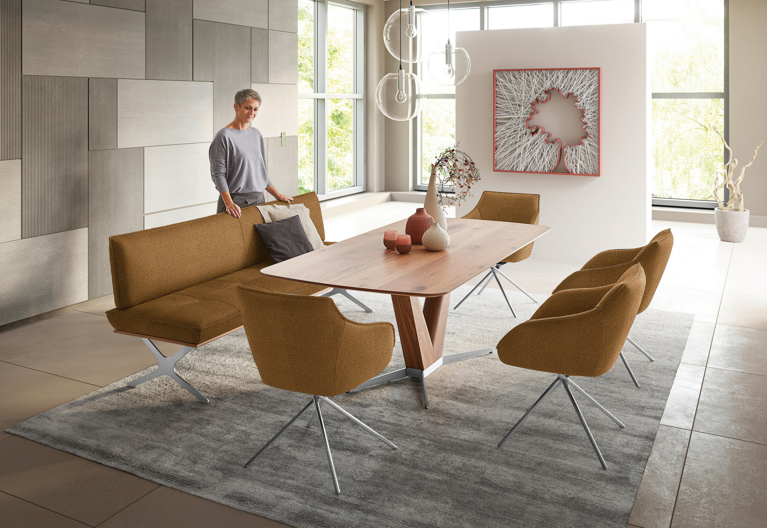 SITZBANK 214/88/66 cm  in Nussbaumfarben, Nickelfarben, Currygelb  - Currygelb/Edelstahlfarben, Design, Holz/Textil (214/88/66cm) - Koinor