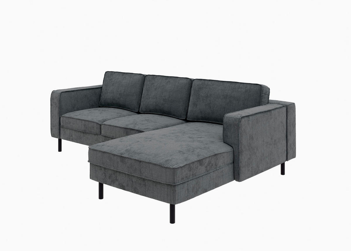 ECKSCHLAFSOFA WATKINS  mit Schlafen auf Sitzhöhe, Rücken echt, Armteil links, Armteil rechts Cord Dunkelgrau  - Dunkelgrau/Schwarz, MODERN, Textil/Metall (232/161cm) - Trendmanufaktur