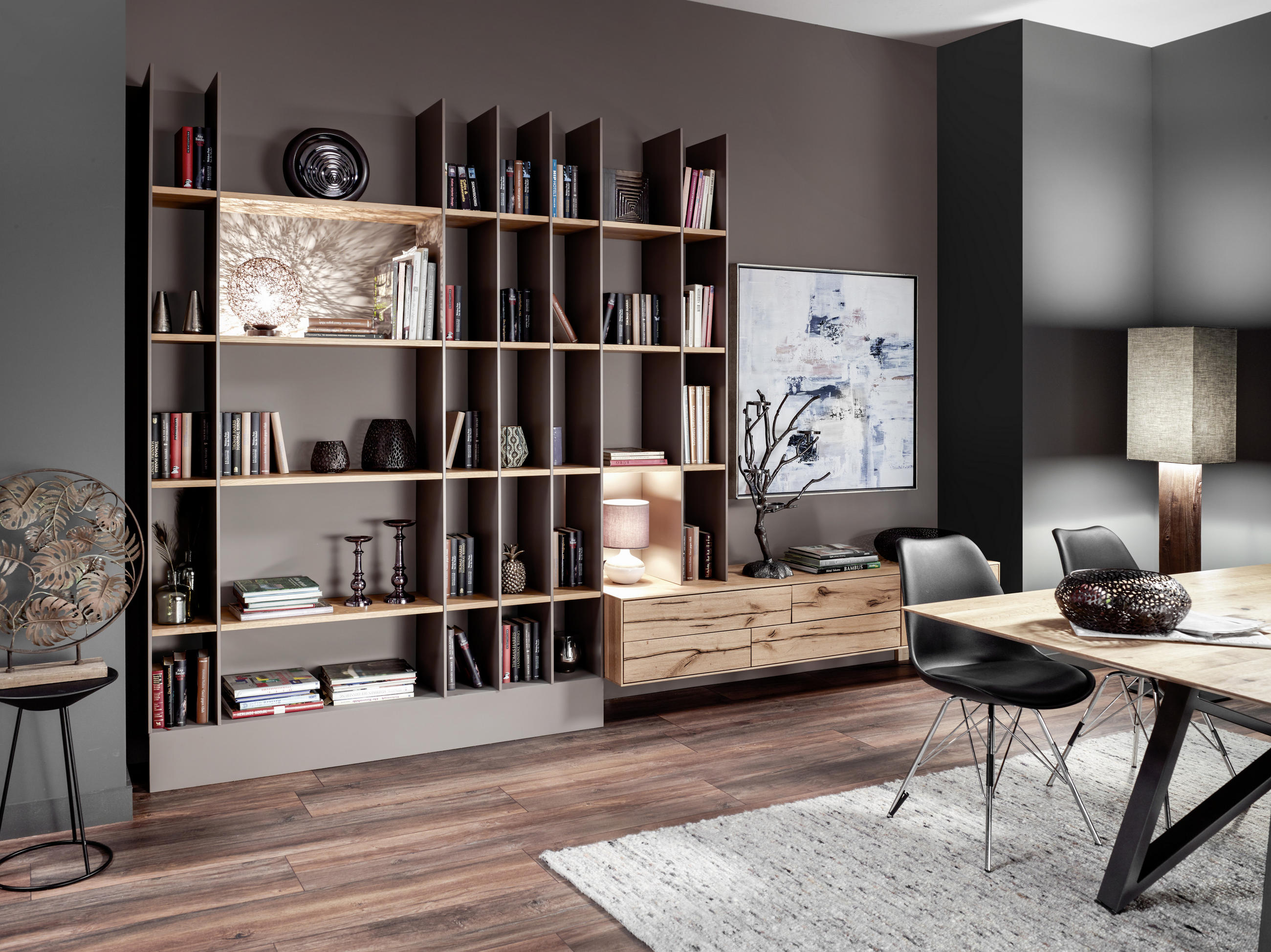 WOHNWAND  in Grau, Eichefarben  361/260/46 cm  - Edelstahlfarben/Eichefarben, Design, Holz/Holzwerkstoff (361/260/46cm) - Anrei