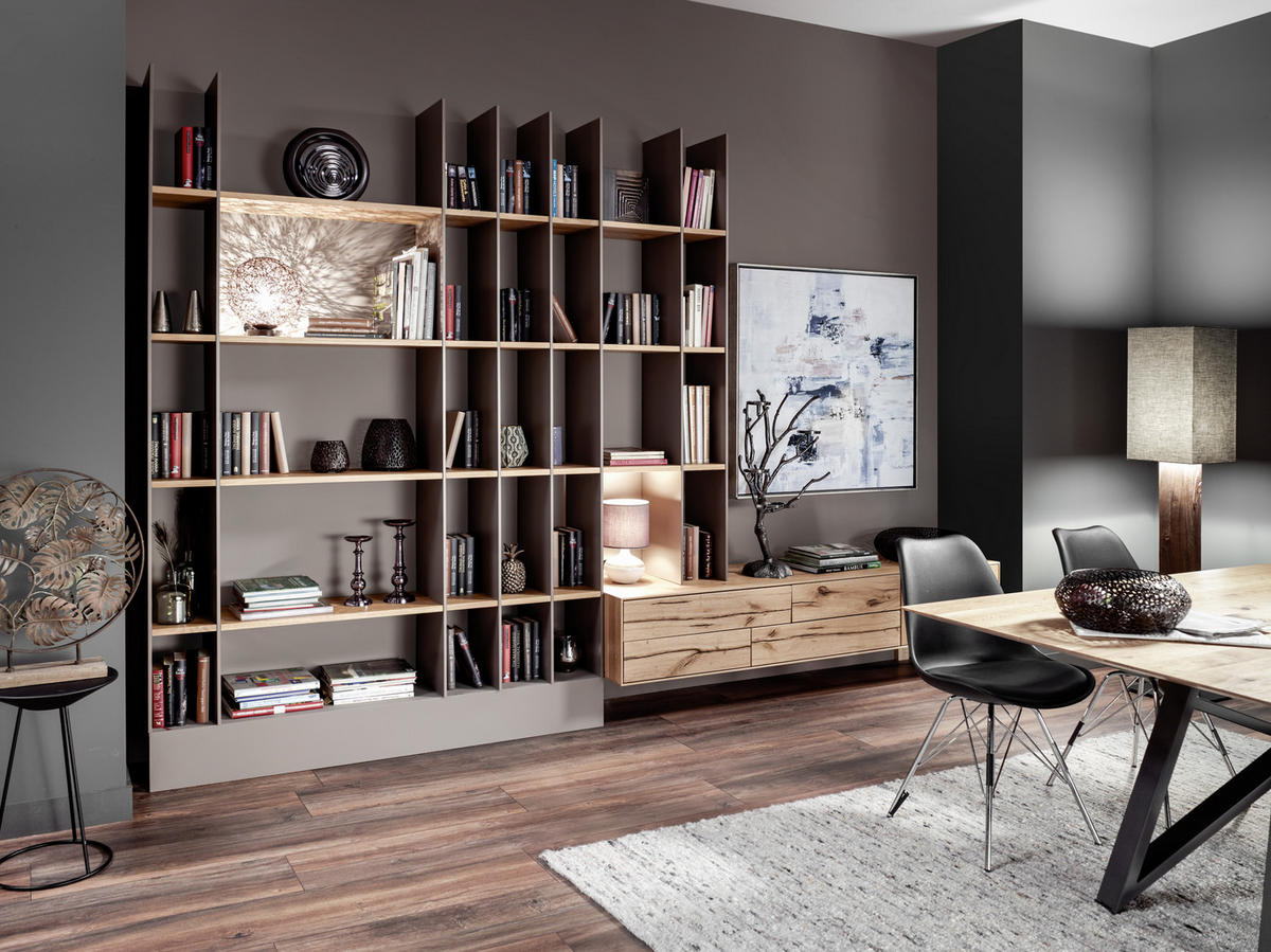 WOHNWAND  in Grau, Eichefarben  361/260/46 cm  - Edelstahlfarben/Eichefarben, Design, Holz/Holzwerkstoff (361/260/46cm) - Anrei