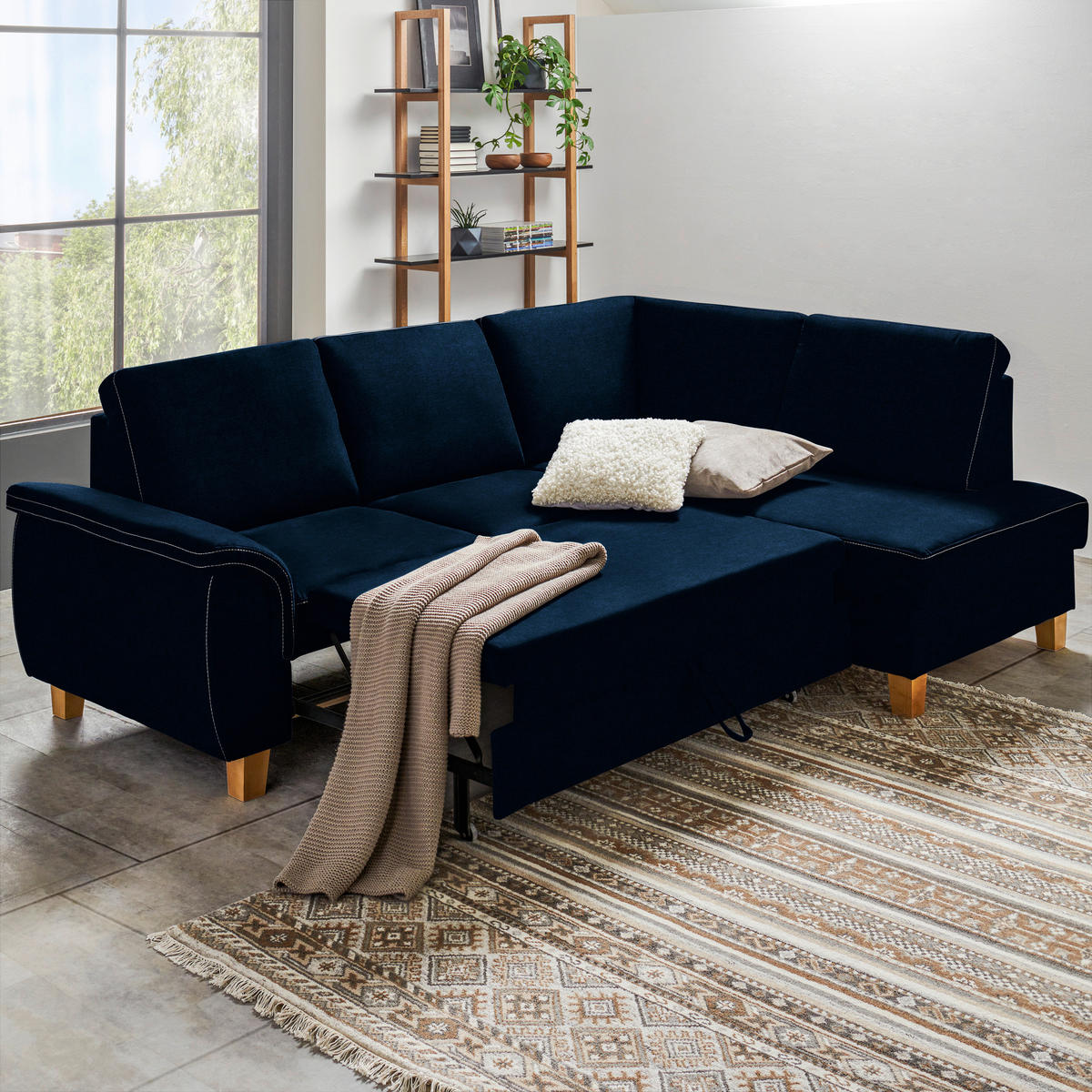 ECKSOFA in Flachgewebe Dunkelblau  - Eichefarben/Dunkelblau, Design, Holz/Textil (253/185cm) - Cantus