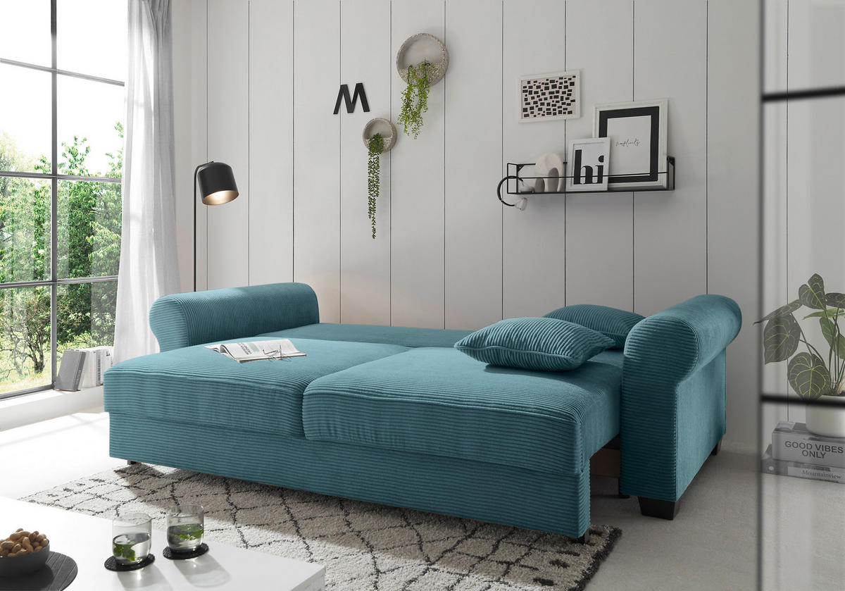 SCHLAFSOFA Cord Azurblau  - Azurblau/Schwarz, KONVENTIONELL, Kunststoff/Textil (247/95/125cm) - Hom`in