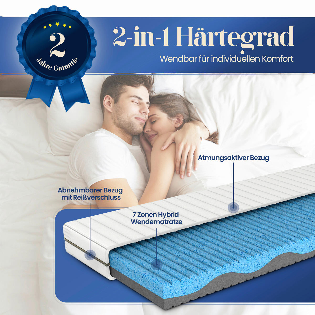 KOMFORTSCHAUMMATRATZE 80/200 cm, Höhe ca.: 16 cm, H2 + H3 = mittel + fest, 7-Zonen - Weiß, Basics, Textil (80/200cm) - Chameo